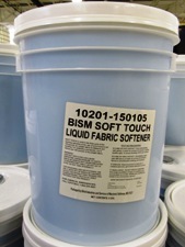 clear bucket, white lid, blue liquid, white label